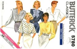 5780 BUTTERICK EASY LOOSE FIT COLLAR SHORT - LONG SLEEVE BLOUSE 1987 PATTERN 8-12